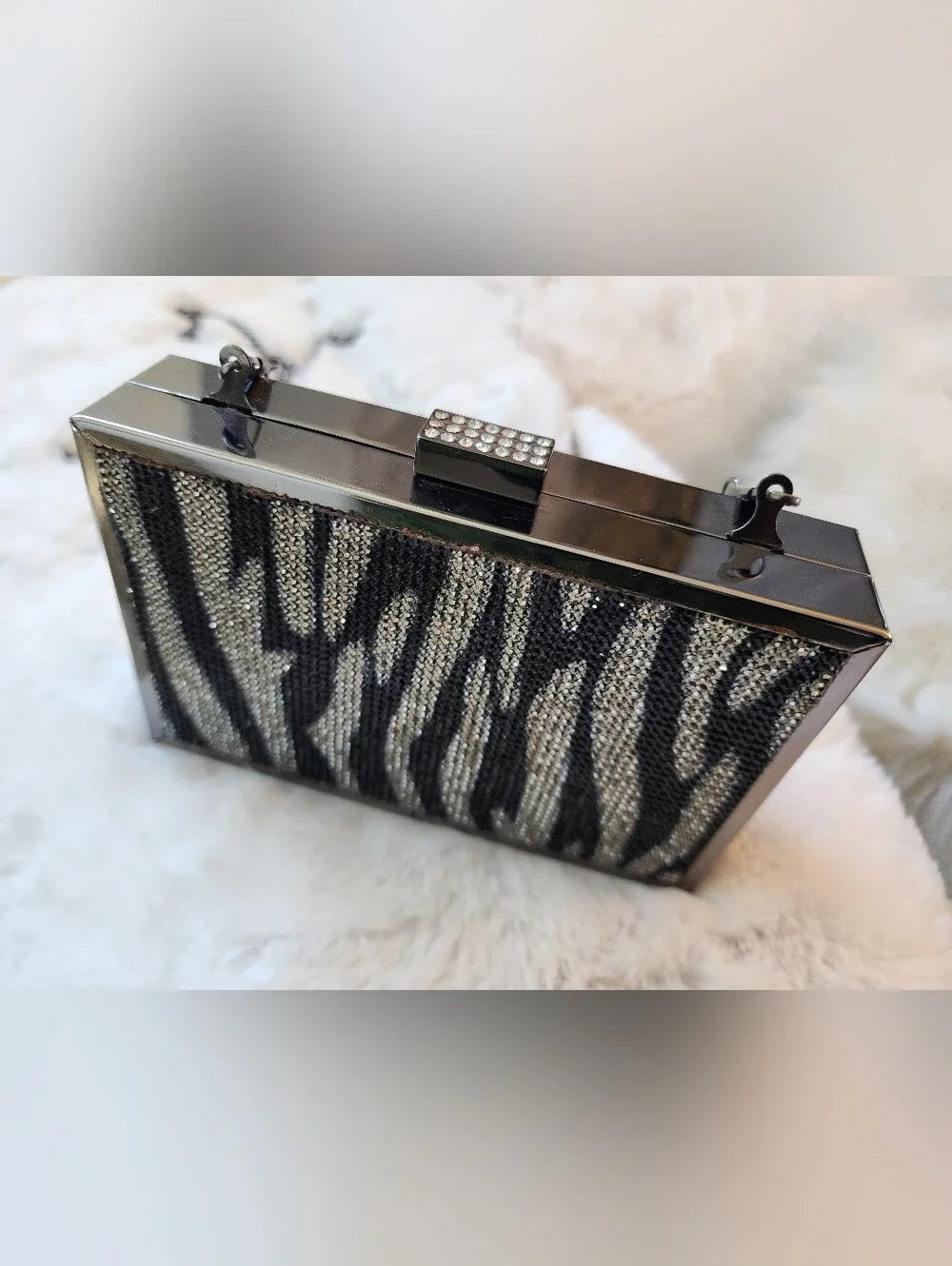 Black & Silver Rhinestone Zebra Print Box Clutch with Chain Strap